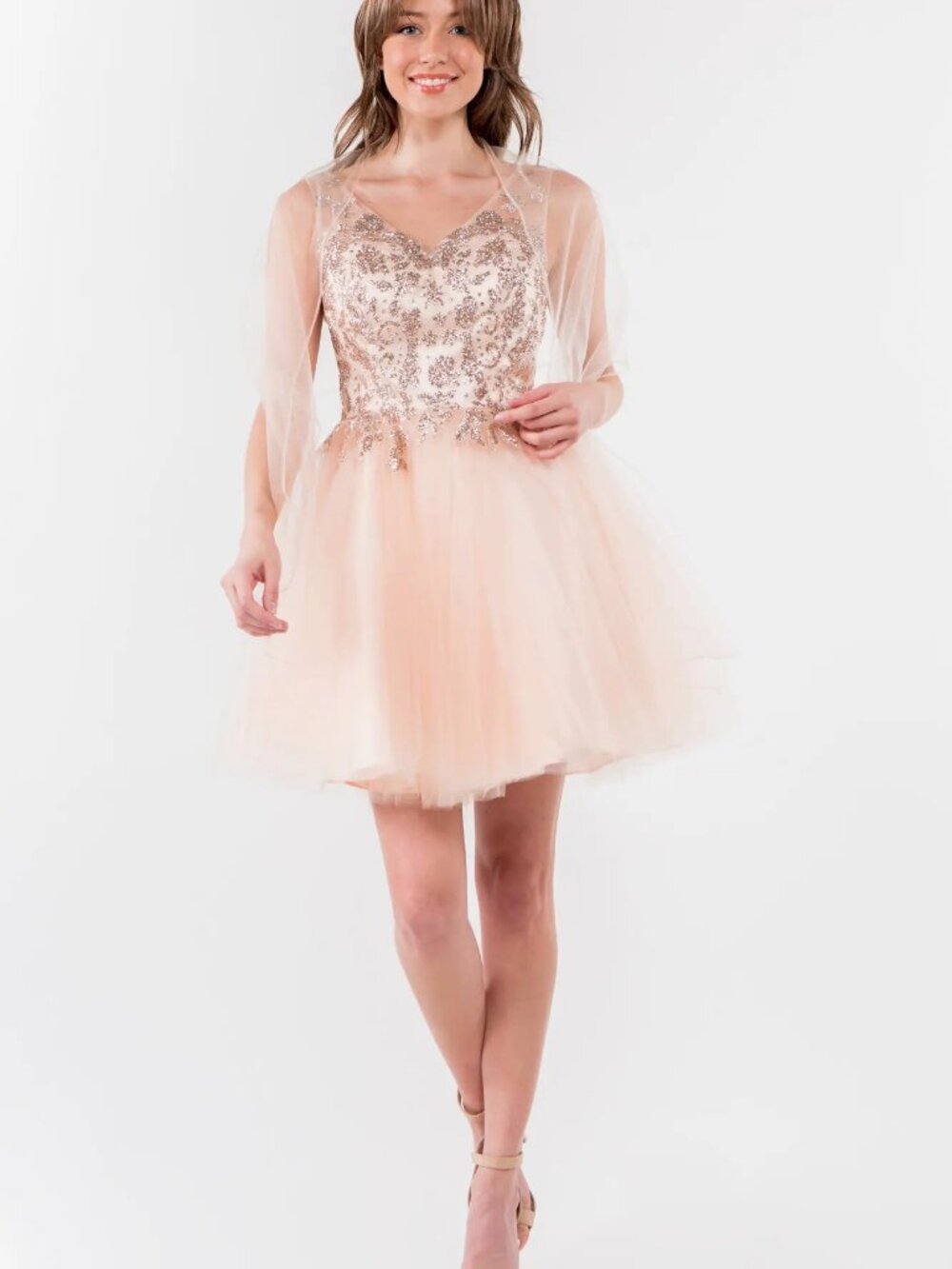 NEW BLUSH Mesh & Glitter Cocktail Dress Formal Elegant Stunning GS1968
